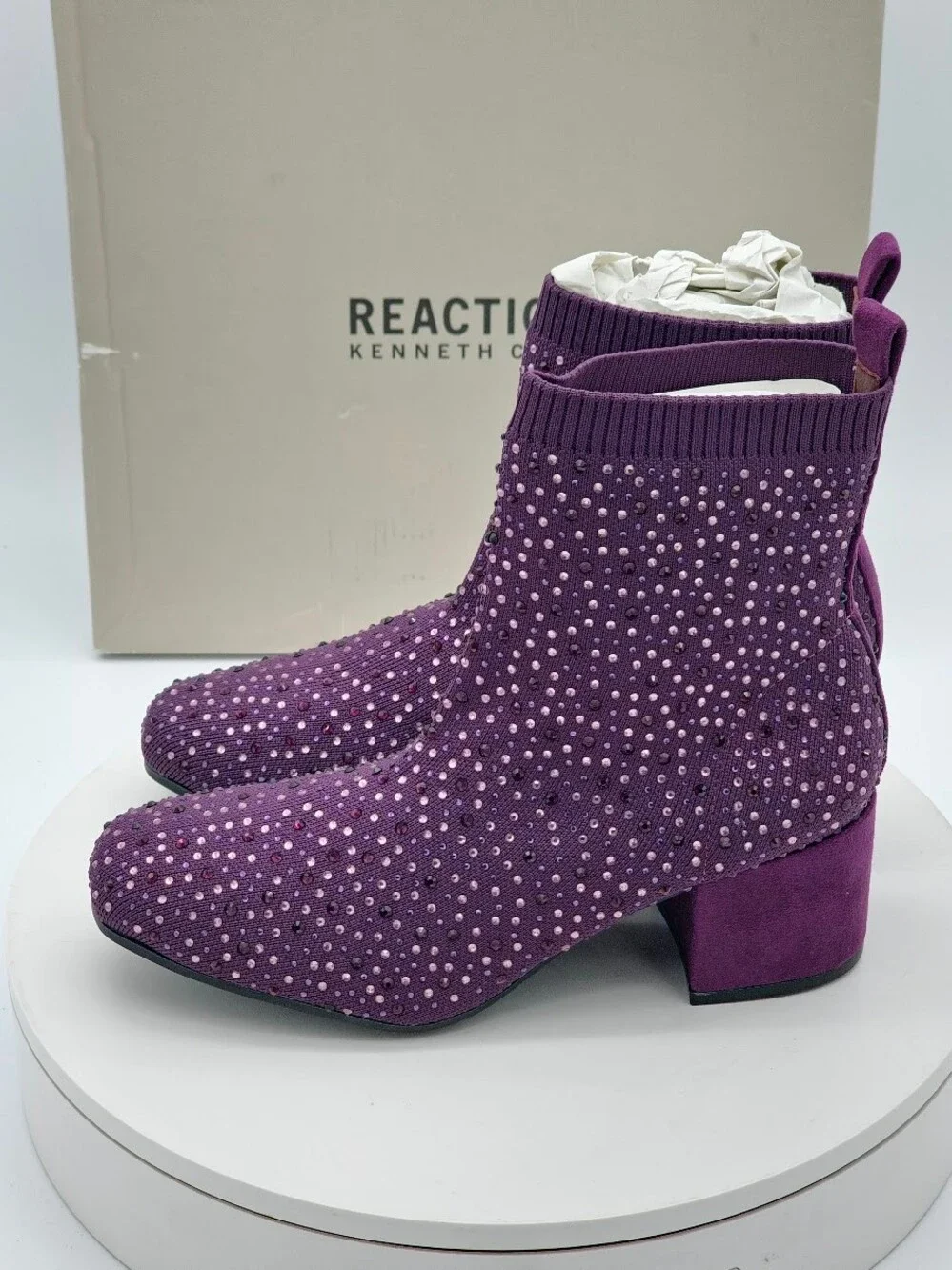 Reaction Kenneth Cole Rida Stretch Jewel Womens Purple Rhinestone Boots Size 7 W